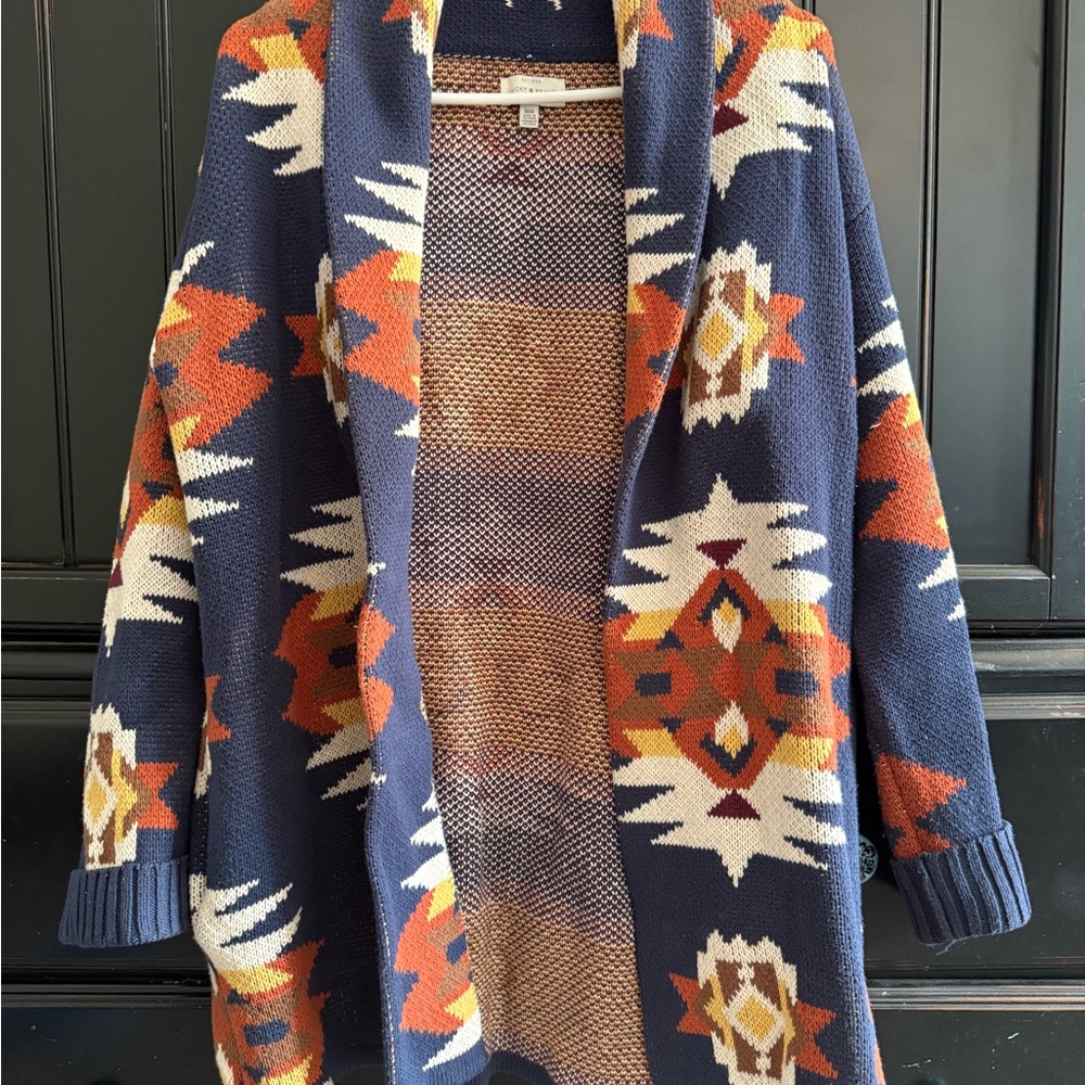 Lucky Brand Blue and Orange Cardigan with Geometric Patterns